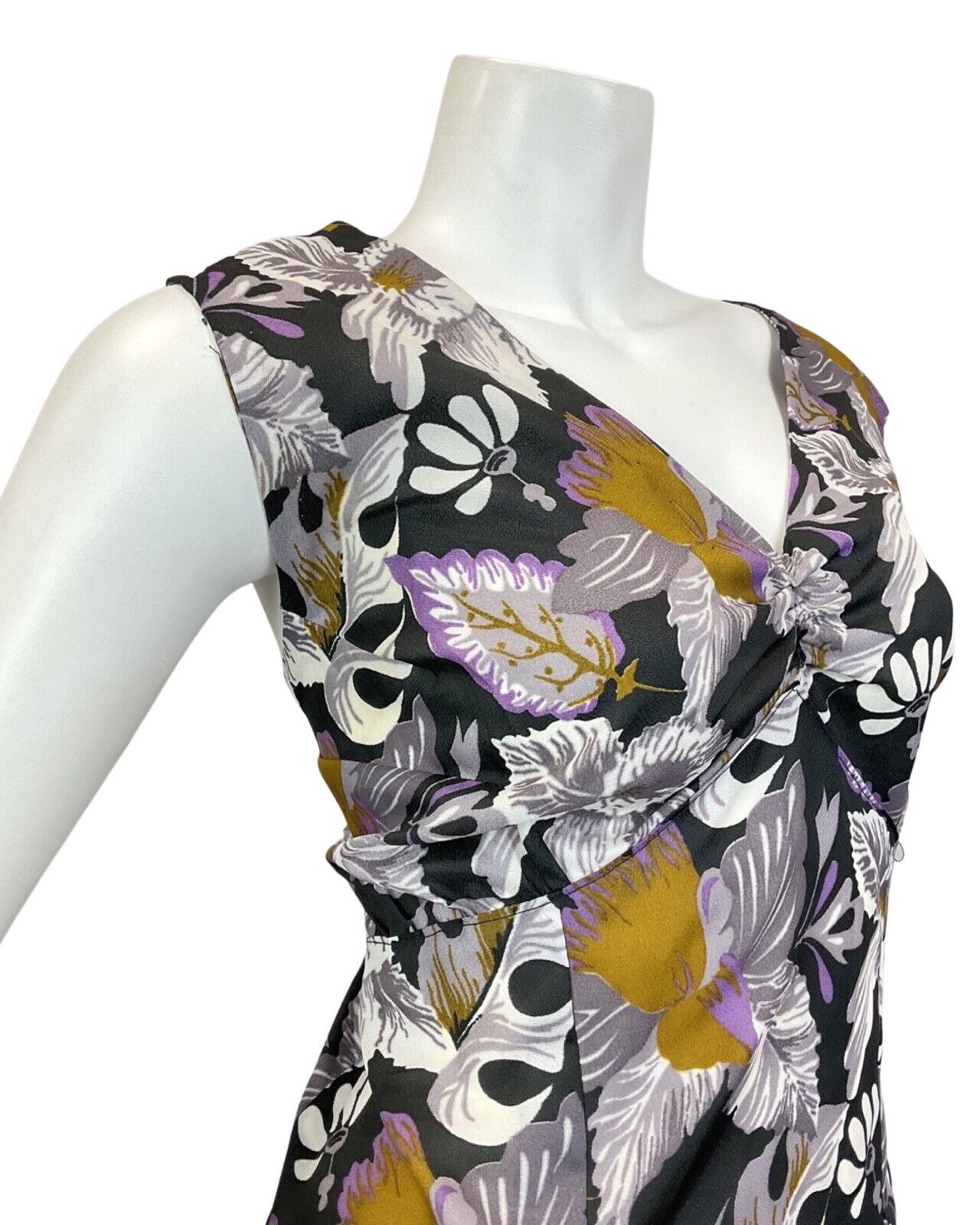 VINTAGE 60s 70s GREY BLACK PURPLE FLORAL LEAFY SLEEVELESS MAXI DRESS 16