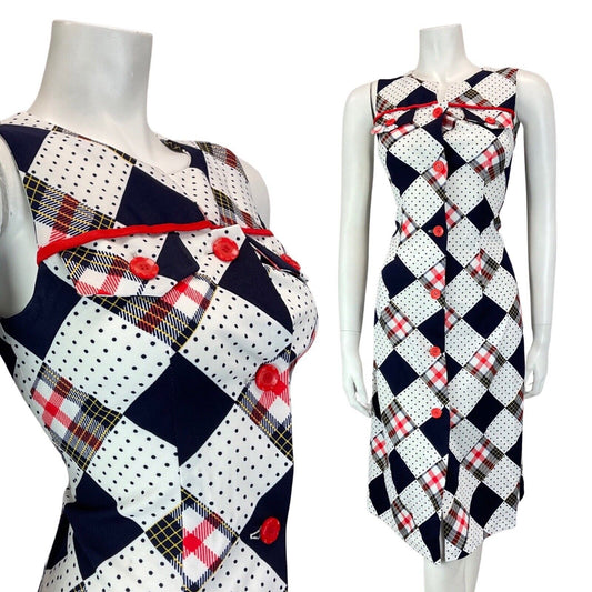 VINTAGE 60s 70s WHITE BLUE RED PATCHWORK POLKA-DOT SLEEVELESS MOD MIDI DRESS 8