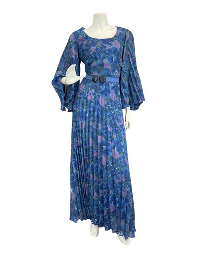 VINTAGE 60s 70s BLUE PURPLE FLORAL LEAFY BOHO MOD PLEATED MAXI DRESS 12 14