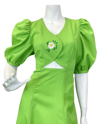 VINTAGE 60s 70s APPLE GREEN DAISY FLOWER EMBROIDERED PRAIRIE MAXI DRESS 8 10