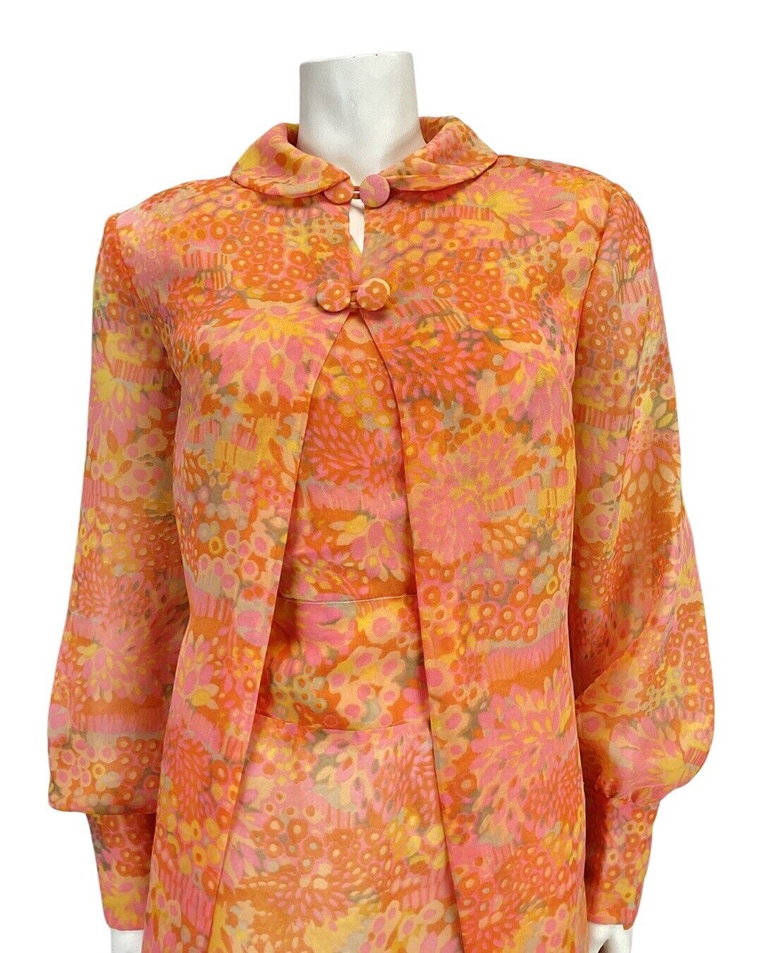 VTG 60s 70s ORANGE PINK YELLOW PSYCHEDELIC FLORAL SLEEVELESS DRESS BED COAT 12