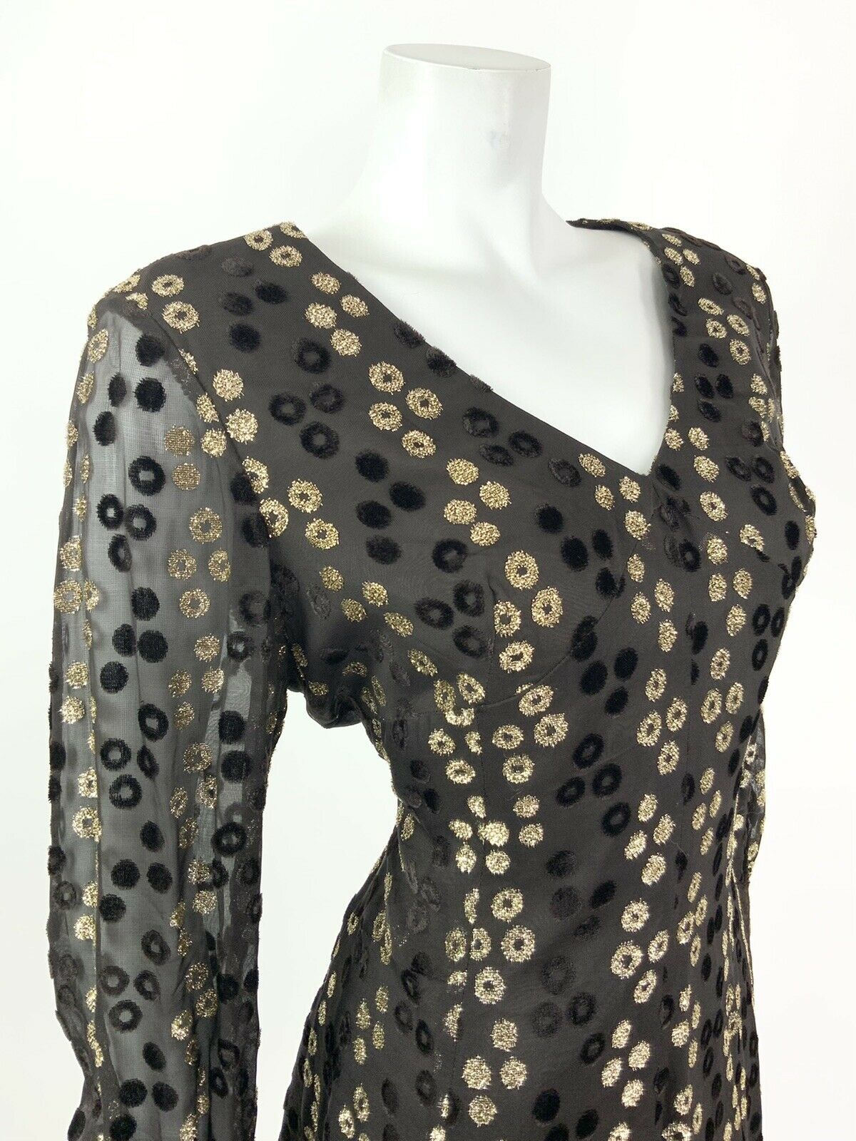 VINTAGE 60s 70s BROWN GOLD GLITTER VELVET POLKA DOT SHEER GLAM PARTY DRESS 14 16