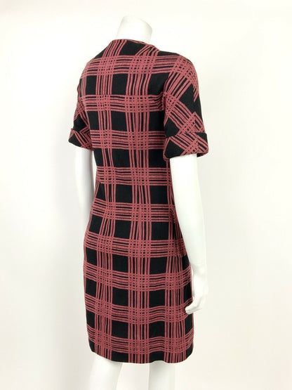 VINTAGE 60s 70s BLACK RED GEOMETRIC PLAID CHECKED FITTED WIGGLE DRESS 8 10