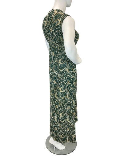 VINTAGE 60s 70s GREEN GOLD WHITE SWIRLING STUDIO 54 SLEEVELESS MAXI DRESS 14 16