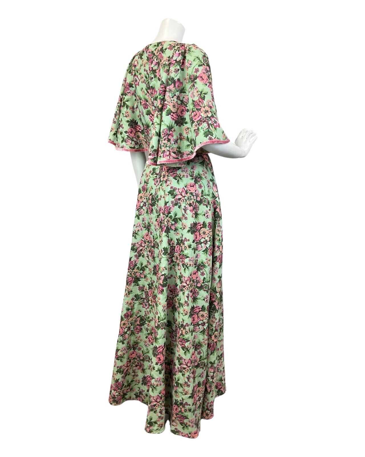 VINTAGE 60s 70s GREEN PINK ROSE FLORAL CAPE SLEEVE BOHO SUMMER MAXI DRESS 8 10