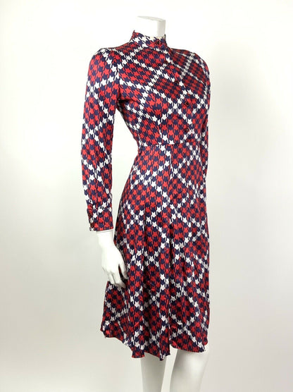 VINTAGE 60s 70s RED WHITE BLUE HOUNDSTOOTH CHECKERED MOD PLEATED DRESS 4