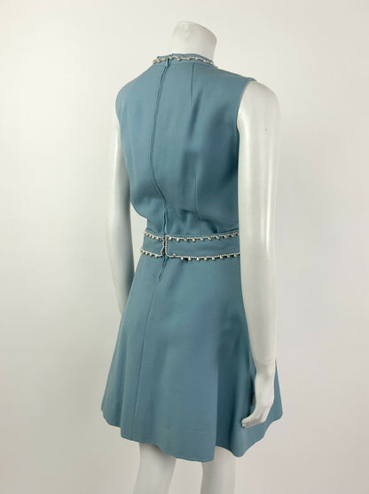 VINTAGE 60s BABY BLUE PEARL BEADED PARTY SLEEVELESS DRESS 10