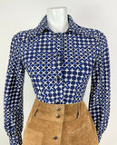 VINTAGE 70s 90s PUCCINI BLUE WHITE GEOMETRIC CRISS-CROSS CHECKED DAGGER SHIRT 10