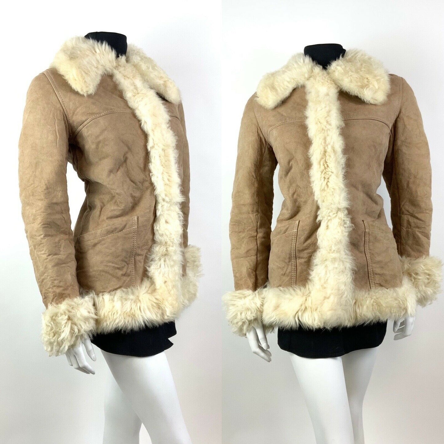 VTG 60s 70s BEIGE CREAM SUEDE LEATHER SHEARLING FUR BOHO MOD SHORT COAT 14 16