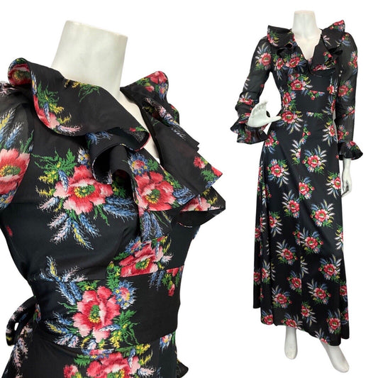 VINTAGE 60s 70s BLACK RED BLUE FLORAL BOUQUET RUFFLE BOHO MOD MAXI DRESS 10