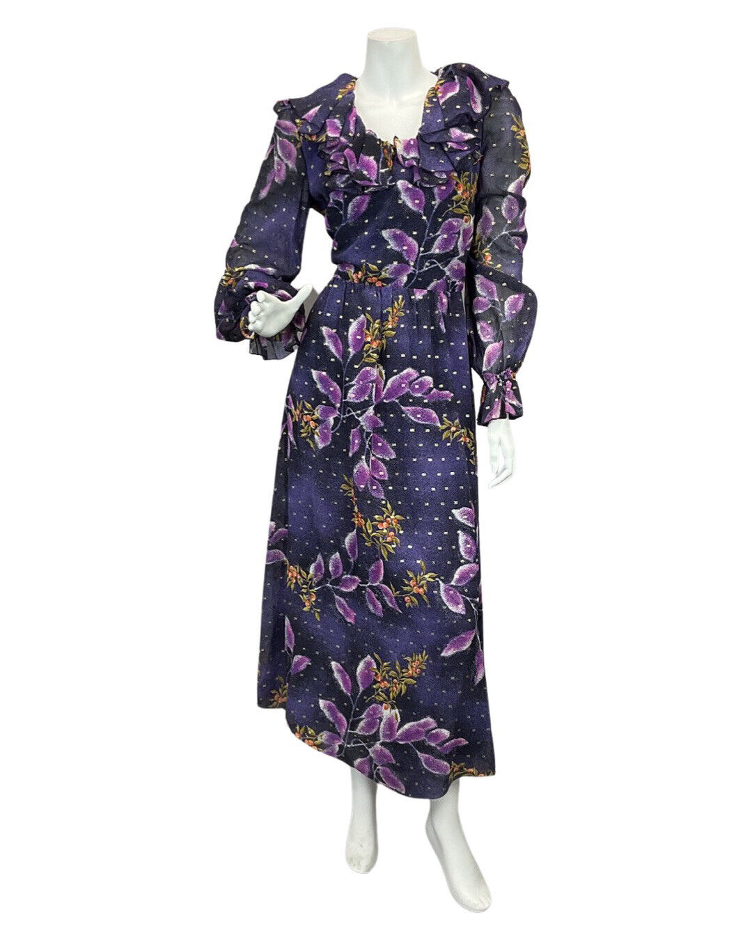 VINTAGE 60s 70s VERA MONT PURPLE NAVY BLUE GOLD LEAF PRINT RUFFLED MAXI DRESS