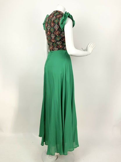 VINTAGE 60s 70s GREEN BLACK GOLD PINK FLORAL EMBROIDERED RUFFLE MAXI DRESS 8 10