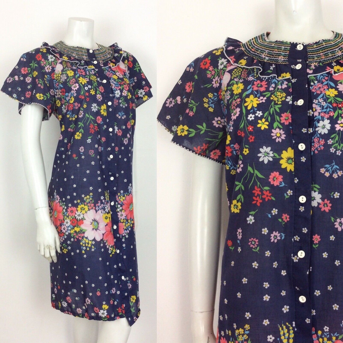 BEAUTIFUL VTG 60S 70S BLUE FLORAL COTTON SHIRRED DRESS 12 14