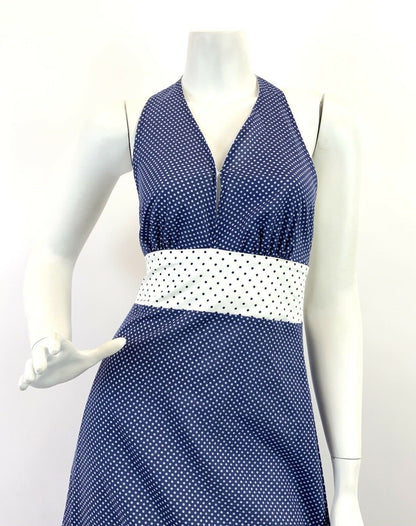 VINTAGE 60s 70s BLUE WHITE POLKA-DOT MOD HALTER RUFFLED MAXI DRESS 8