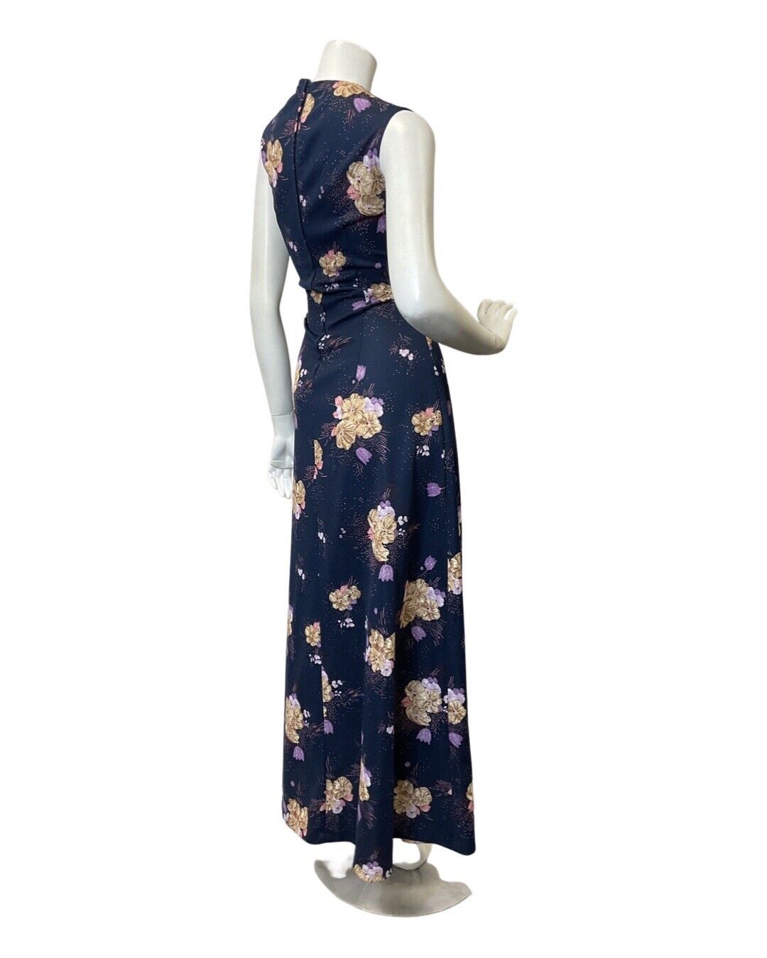 VINTAGE 60s 70s BLUE PURPLE CREAM FLORAL SLEEVELESS MAXI DRESS 10 12