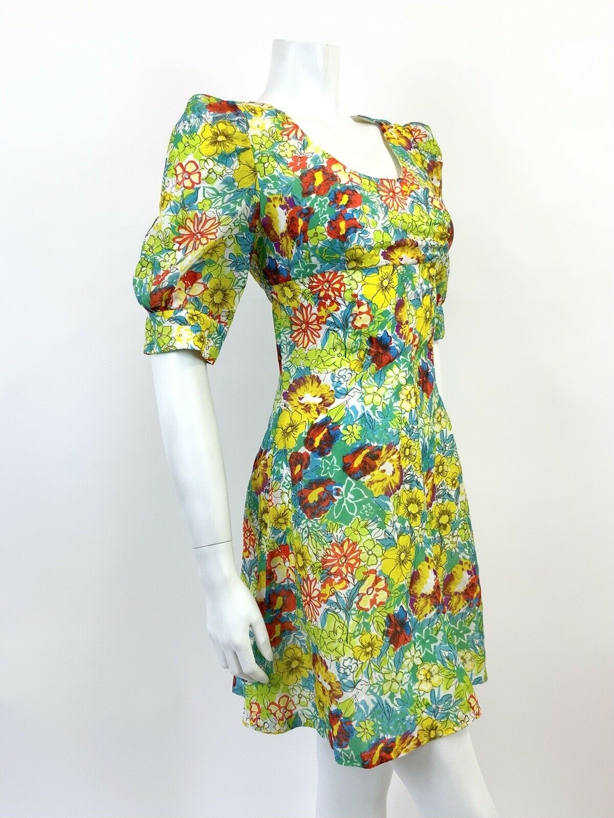 VTG 60s 70s GREEN BLUE YELLOW PSYCHEDELIC FLORAL PUFF SLEEVE MOD MINI DRESS 8