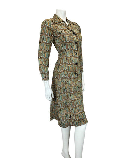 VINTAGE 60s 70s GREEN YELLOW BLACK STRIPED ZIG-ZAG GEOMETRIC SHIRT DRESS 10