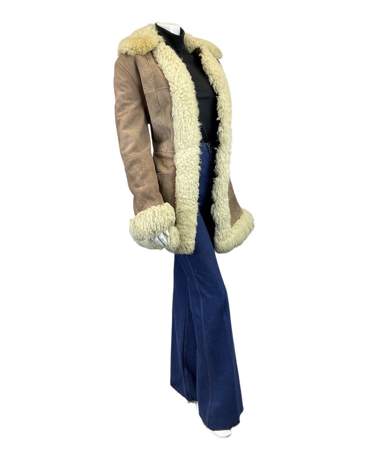 VINTAGE 60s 70s PEANUT BROWN CREAM SUEDE BOHO PENNY LANE SHEARLING COAT 14 16