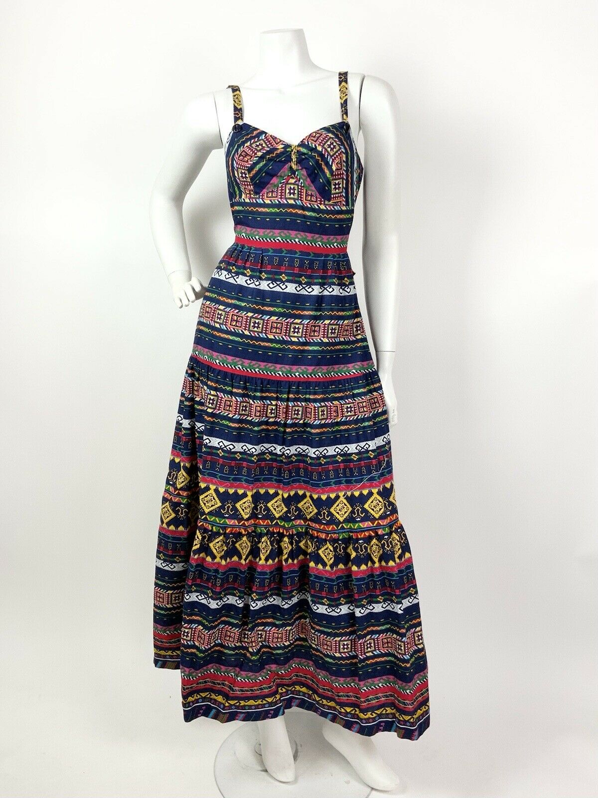 VINTAGE 60s 70s BLUE YELLOW PINK GREEN AZTEC GEOMETRIC STRAPPY MAXI DRESS 6