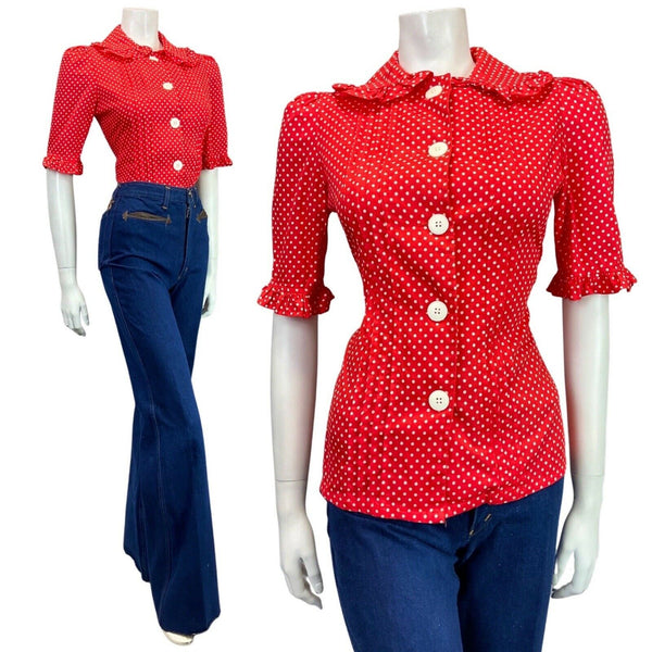 VINTAGE 60s 70s RED WHITE POLKA-DOT RUFFLE SHORT SLEEVE MOD SHIRT 10 12