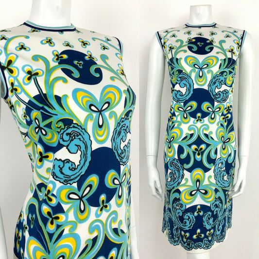 VINTAGE 60s 70s WHITE NAVY BLUE YELLOW PSYCHEDELIC FLORAL DRESS 10 12