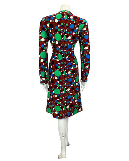 VTG 60S 70S BURGUNDY GREEN BLUE BLACK SPOTTY PSYCHEDELIC PRINT MIDI DRESS 12 14