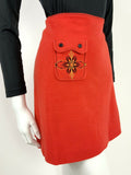 VTG 60s 70s FOLK ORANGE RED YELLOW BLACK EMBROIDERED FLORAL A-LINE SKIRT 8