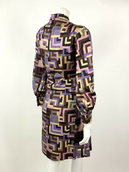 VTG 60s 70s PURPLE BROWN SILVER PINK GEOMETRI DOG-EAR COLLAR SHIRT DRESS 12 14