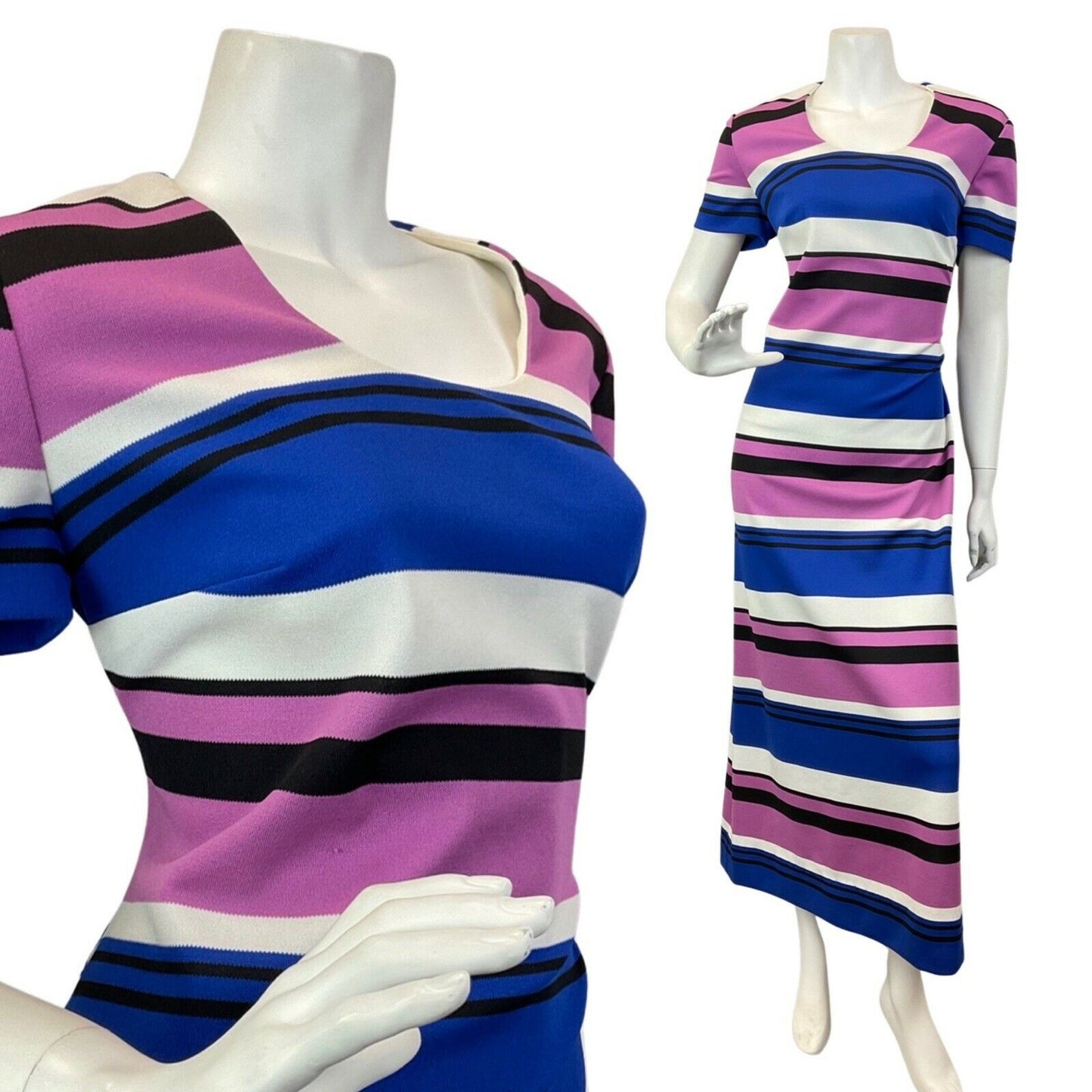 VINTAGE 60s 70s PURPLE BLUE WHITE STRIPED MOD MAXI DRESS 14 16