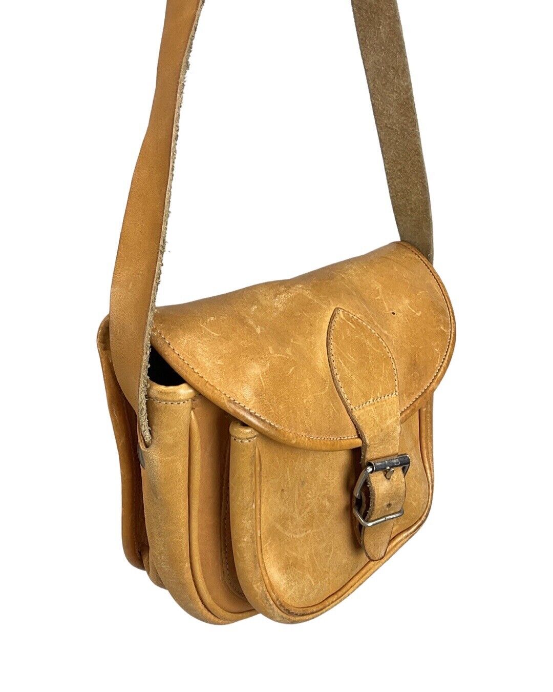 VINTAGE 60s 70s CAMEL BROWN BOHO FOLK MOD LEATHER SMALL SHOULDER BAG