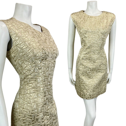 VINTAGE 60s 70s GOLD TEXTURED DISCO MOD MINI PARTY CHRISTMAS EVENING DRESS 12 14