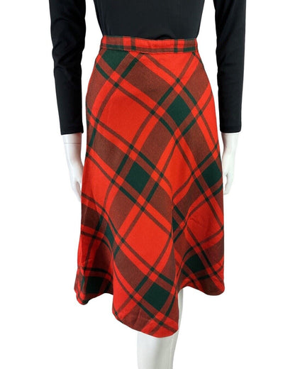 VINTAGE 60s 70s RED GREEN PLAID CHECKED KNEE-LENGTH SWING SKIRT 8