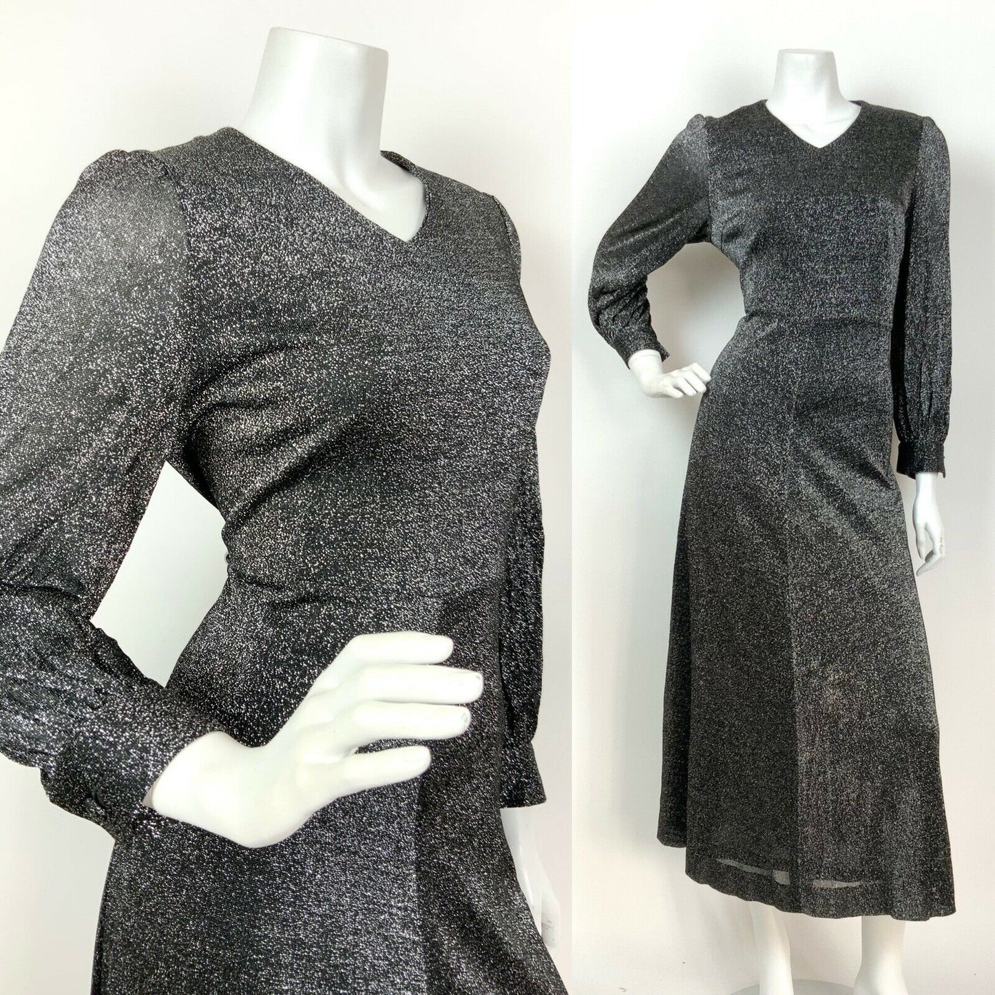 VINTAGE 60s 70s BLACK SILVER GLITTER LUREX DISCO PARTY GLAM MAXI DRESS 12 14