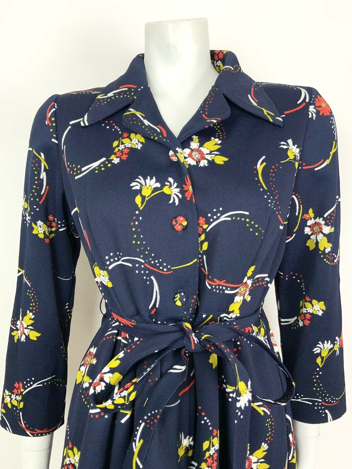 VINTAGE 60s 70s BLUE RED YELLOW FLORAL DAGGER COLLAR BELTED SHIRT DRESS 12 14