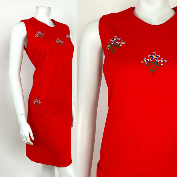 VTG 60s 70s APPLE RED BLUE WHITE FLORAL EMBROIDERY MOD PINAFORE SHIFT DRESS 12