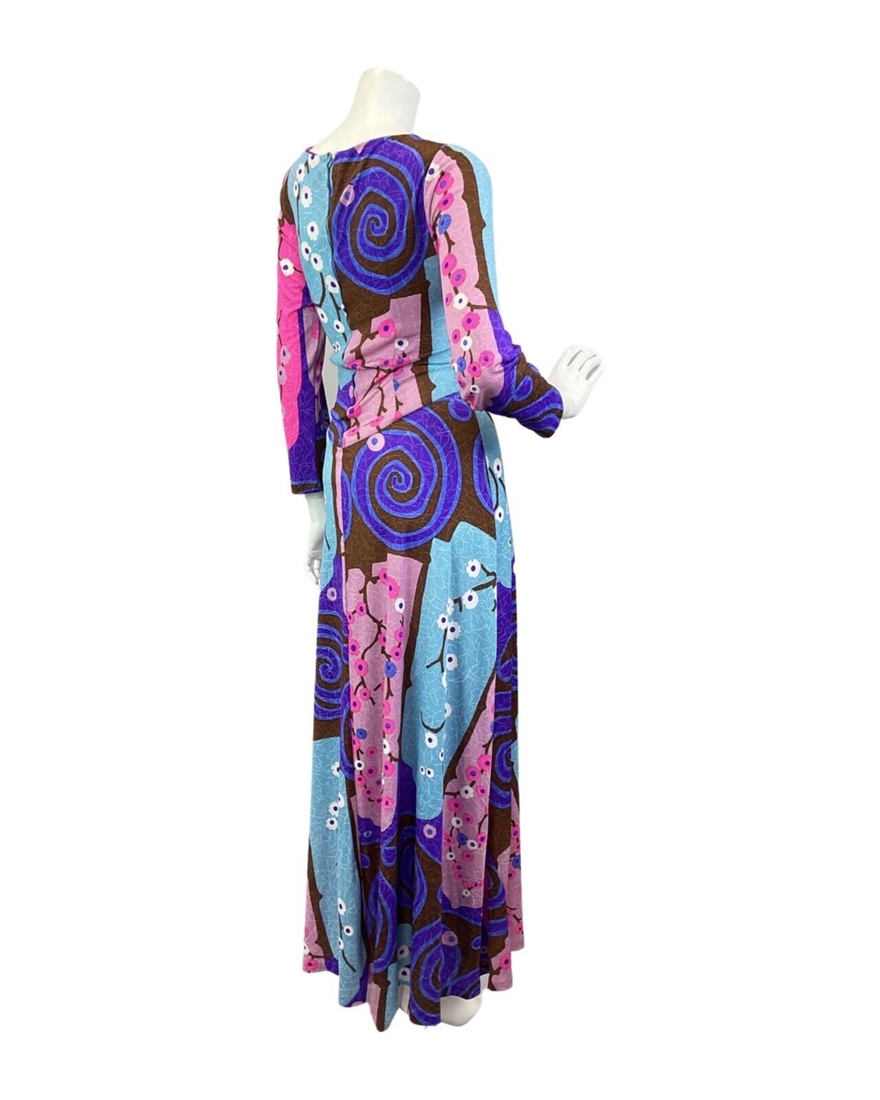 VINTAGE 60s 70s PINK PURPLE BROWN PSYCHEDLIC FLORAL BLOSSOM MOD MAXI DRESS 12 14