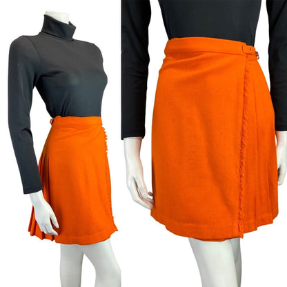 VINTAGE 60s 70s BRIGHT ORANGE PLEATED MOD KILT WRAP SKIRT 4