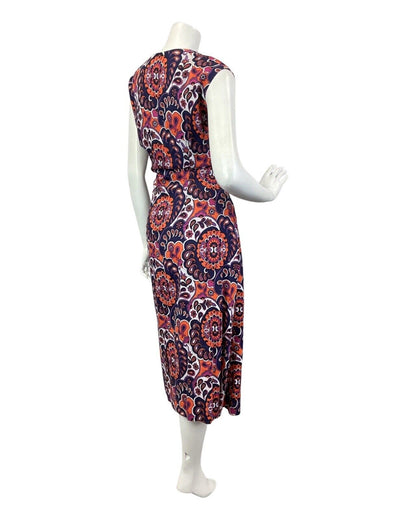 VINTAGE 60s 70s PURPLE BLUE ORANGE PSYCHEDELIC FLORAL PAISLEY MAXI DRESS 16 18