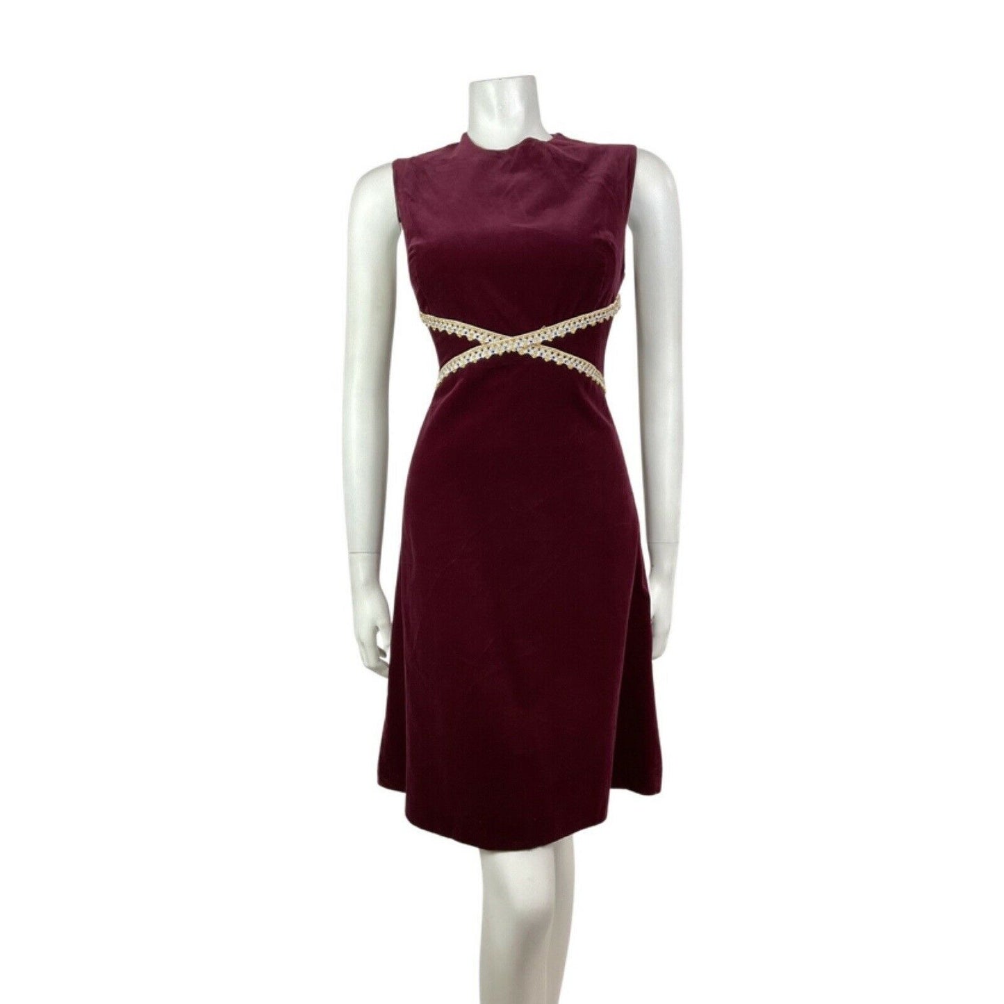 VINTAGE 60s 70s WINE RED SILVER GOLD VELVET SLEEVELESS PARTY GLAM DRESS 10