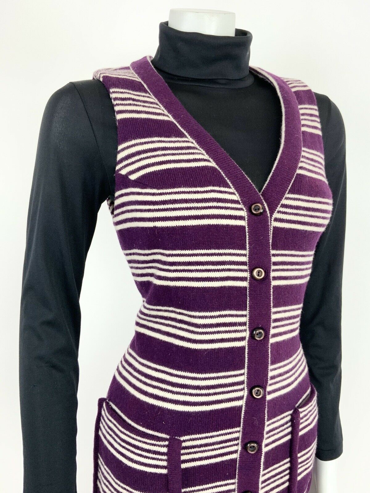 VTG 60s 70s MOD PURPLE WHITE STRIPED SLEEVELESS WOOL VEST DRESS WAISTCOAT 8 10