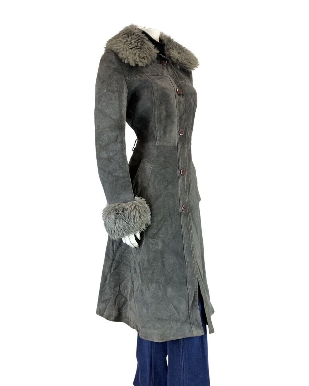 VINTAGE 60s 70s DARK GREY MOD SUEDE LEATHER LONG PRINCESS COAT 12