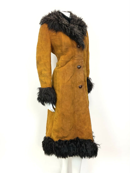 VTG 60s 70s ORANGE BLACK SUEDE LEATHER SHEARLING PENNY LANE MOD BOHO COAT 14 16