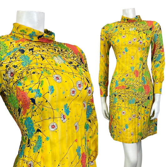 VINTAGE 60s 70s YELLOW BLUE PINK DAISY FLOWER PSYCHEDELIC SUMMER SHORT DRESS 8