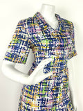 VINTAGE 60s 70s WHITE GREEN BLUE PINK CHECKERED GRID GEOMETRIC SHIRT DRESS 10 12