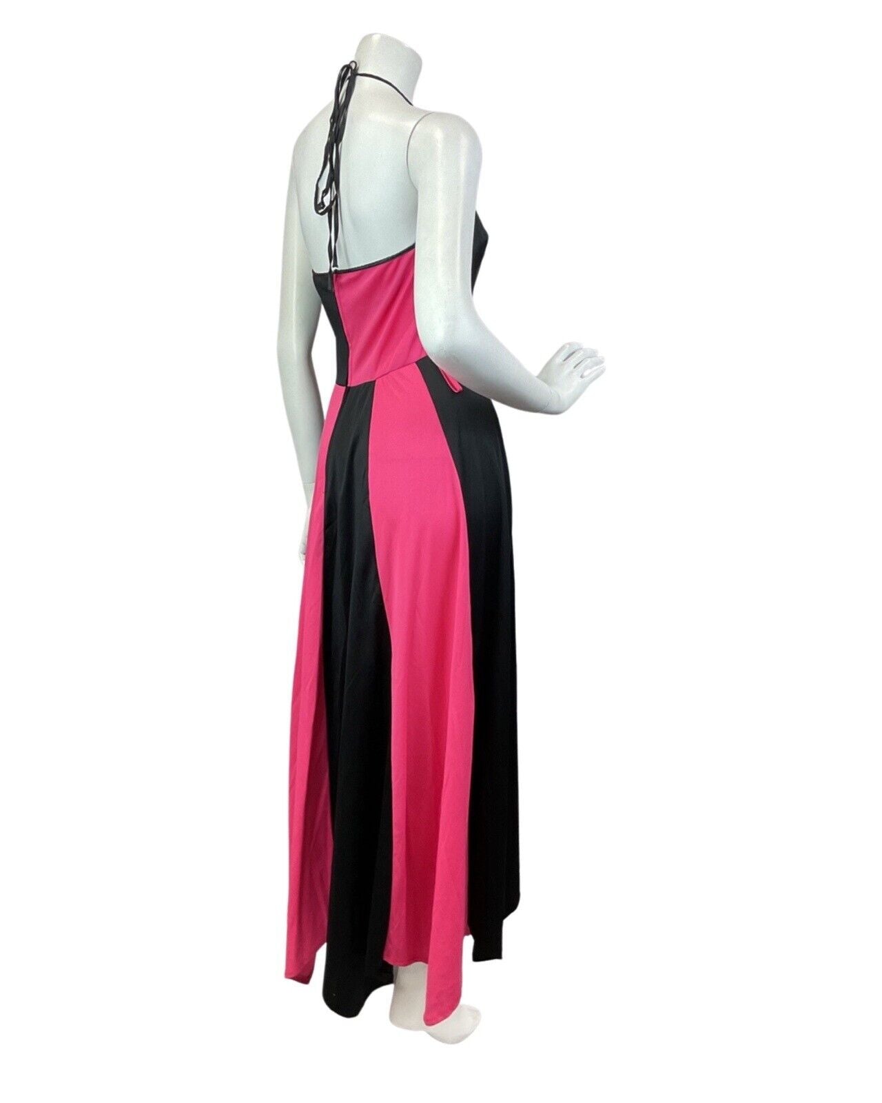 VINTAGE 70s NEON PINK BLACK DISCO STRAPPY HALTER MAXI DRESS 8