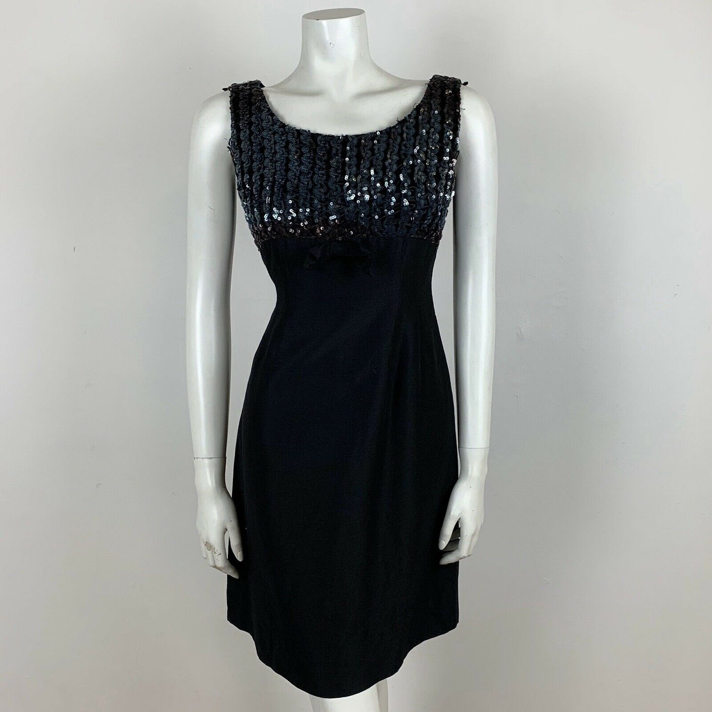 VINTAGE 60S BLACK BLUE IRIDESCENT SEQUIN COCKTAIL DRESS 8 10