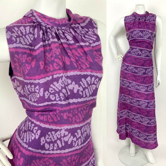 VTG 60s 70s PURPLE LILAC PINK ABSTRACT TURTLENECK SLEEVELESS MAXI DRESS 12 14