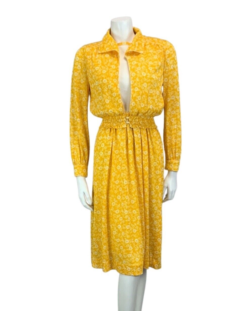 VTG MUSTARD YELLOW WHITE FLORAL PRINT TWO PIECE JACKET DRESS 60s 70s 10