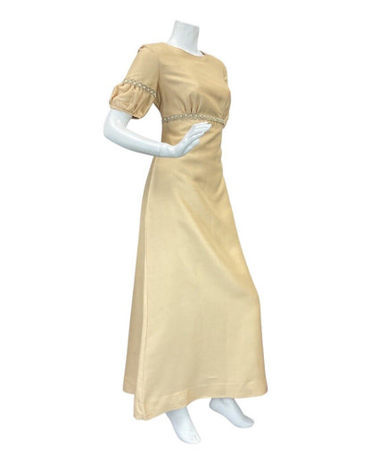 VINTAGE 60s 70s CREAM PEARL EMPIRE LINE MOD PARTY PUFF SLEEVE MAXI DRESS 10