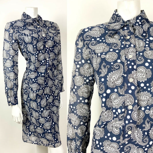 VTG 60s 70s NAVY BLUE WHITE FLORAL PAISLEY MOD DAGGER COLLAR SHIRT DRESS 12 14